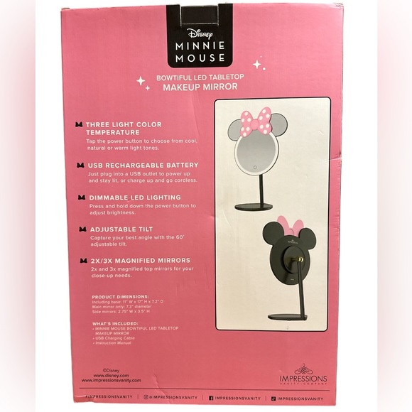 Feminine New-In-Box Disney Minnie Mouse Bowtiful LED Tabletop Makeup Mirror - Picture 2 of 6